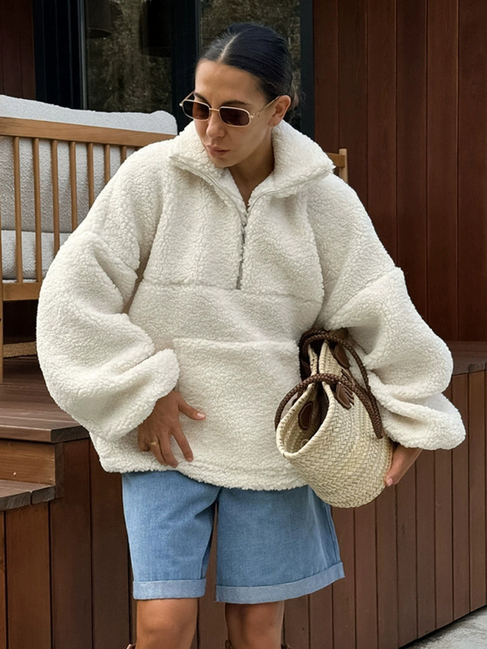 Forever 21 Winter Thick Sherpa Fleece Oversized Pullover Sweatshirt